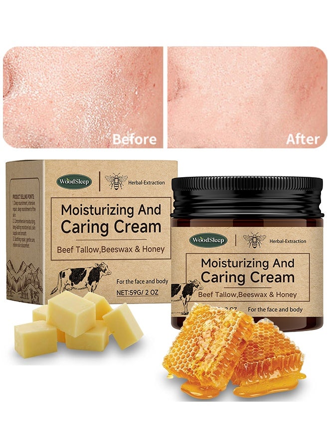 WoodSleep Moisturizing And Caring Cream, Beef Tallow Honey Balm, Beef Tallow For Skin With Beef Tallow, Moisturizer For Face Cracked Hands, Beeswax And Honey, Moisturizing, Caring And AntiAging, Grass Fed Beef Tallow Face Cream, 59G - Image 1